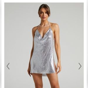 KAYLAH MINI DRESS - COWL MESH DRESS IN SILVER